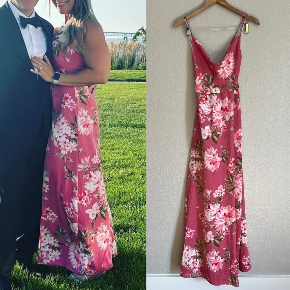 Love of Romance Pink Floral Print Satin Cowl Neck Maxi Dress